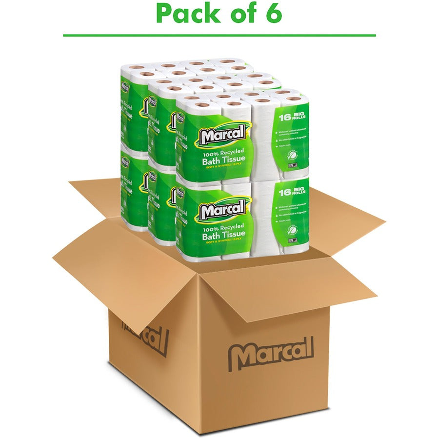 Marcal 100% Recycled Soft/Strong Bath Tissue - 2 Ply - 4.20" Width x 3.60" Length - 168 Sheets/Roll - White - 16 Rolls P