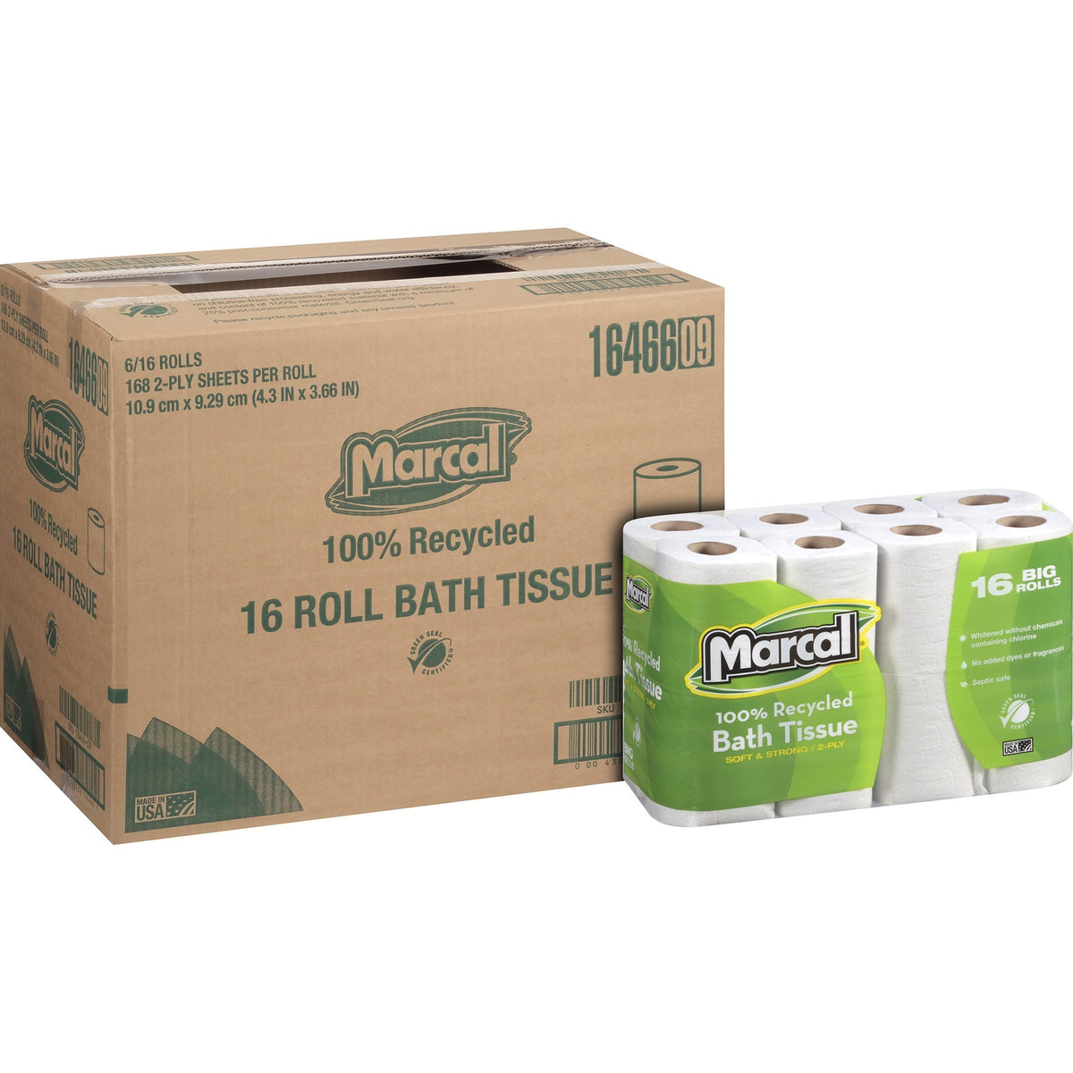 Marcal 100% Recycled Soft/Strong Bath Tissue - 2 Ply - 4.20" Width x 3.60" Length - 168 Sheets/Roll - White - 16 Rolls P