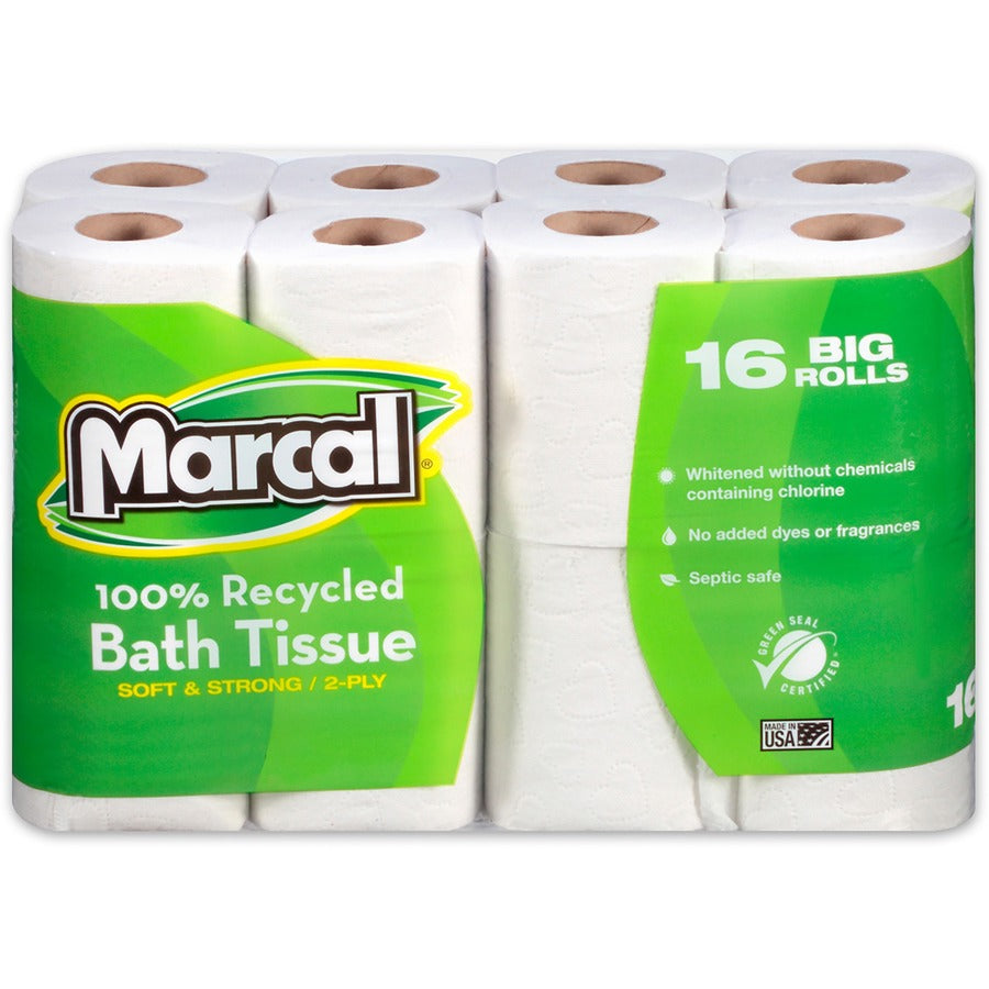 Marcal 100% Recycled Soft/Strong Bath Tissue - 2 Ply - 4.20" Width x 3.60" Length - 168 Sheets/Roll - White - 16 Rolls P