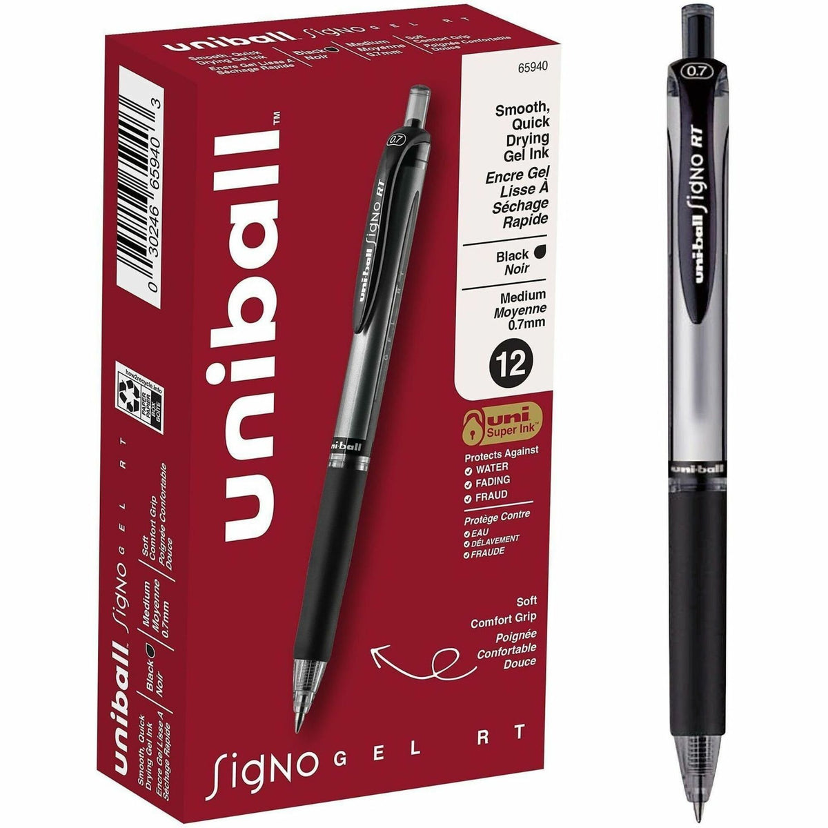 uniball™ Signo RT Gel Pen - 0.7 mm Pen Point - Refillable - Retractable - Black Ink - Gel-based - 12 / Dozen