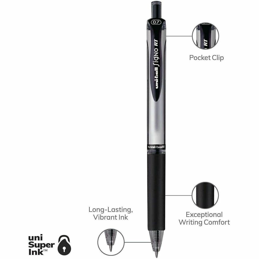 uniball™ Signo RT Gel Pen - 0.7 mm Pen Point - Refillable - Retractable - Black Ink - Gel-based - 12 / Dozen