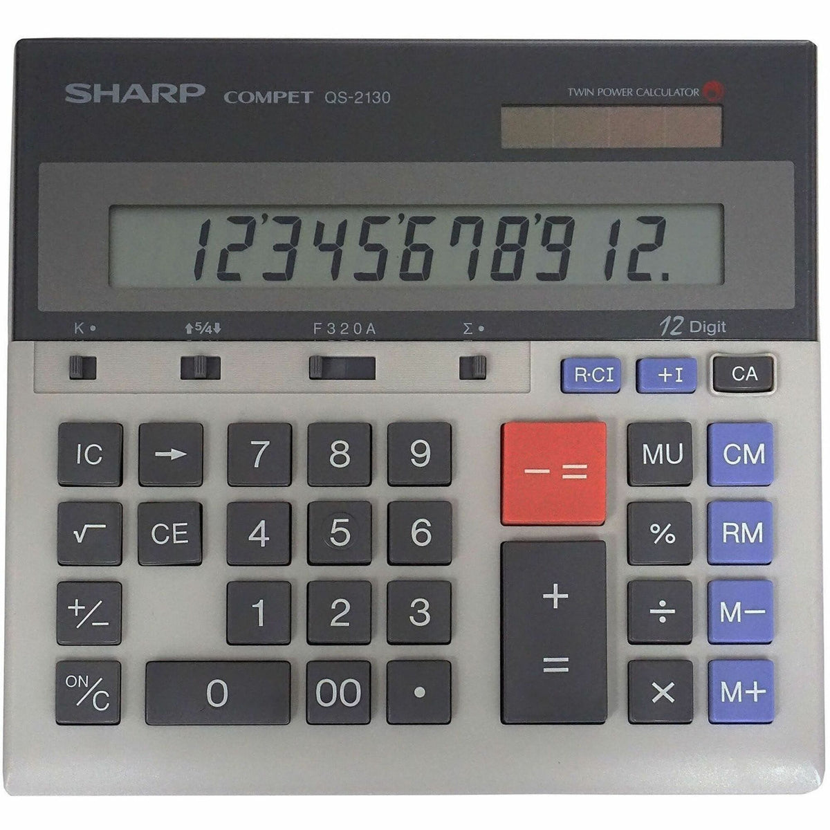 SHARP® QS-2130 12-Digit Commercial Desktop Calculator - 4-Key Memory, Sign Change, Backspace Key, Auto Power Off - 1 Lin