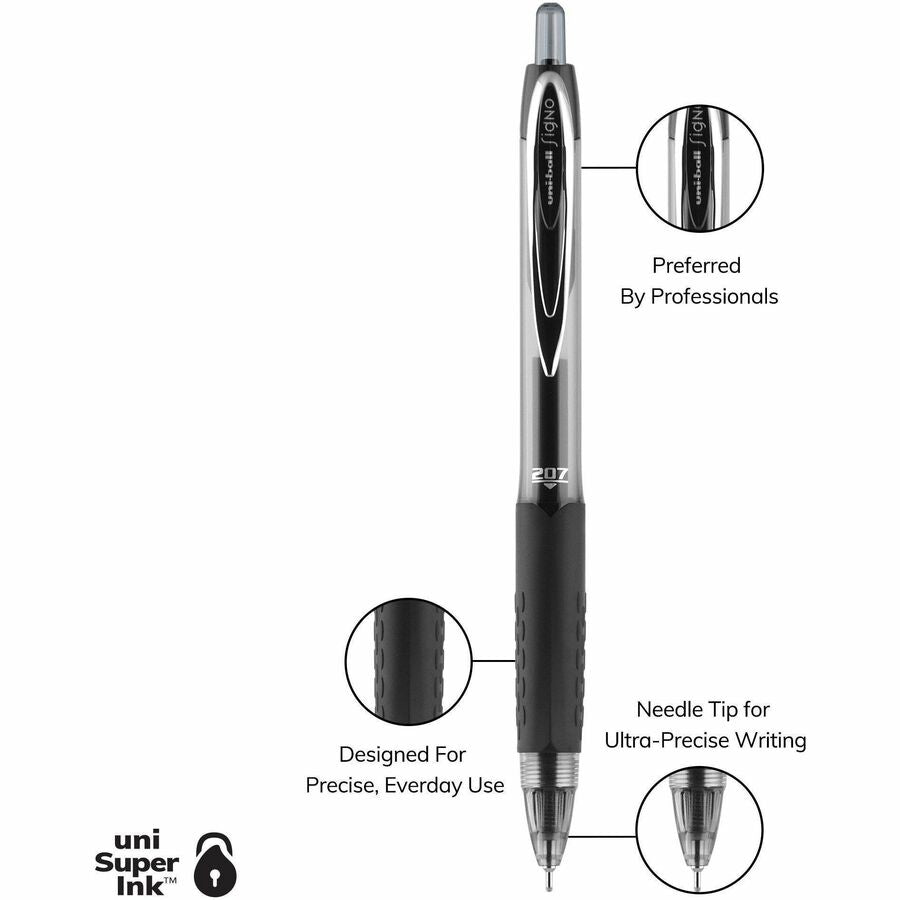 uniball™ 207 Needle Gel Pens - 0.7 mm Pen Point - Retractable - Black Ink - Black Barrel - 12 / Dozen