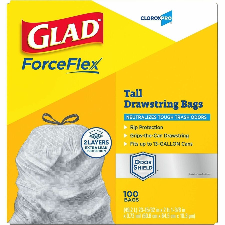 CloroxPro™ Glad® ForceFlex Tall Kitchen Drawstring Trash Bags - 13 gal Capacity - 25.13" Length x 24" Width x 90 mil (22