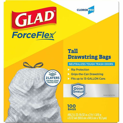 CloroxPro™ Glad® ForceFlex Tall Kitchen Drawstring Trash Bags - 13 gal Capacity - 25.13" Length x 24" Width x 90 mil (22