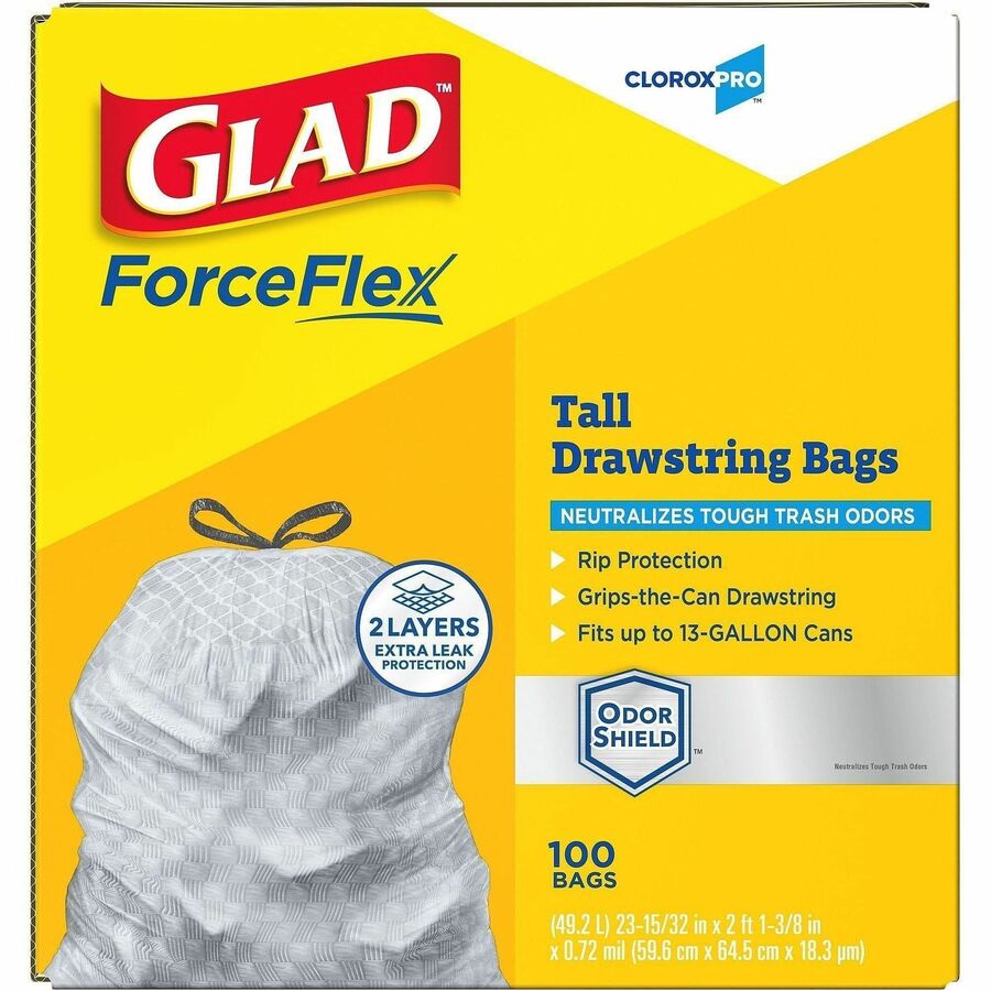 CloroxPro™ Glad® ForceFlex Tall Kitchen Drawstring Trash Bags - 13 gal Capacity - 25.13" Length x 24" Width x 90 mil (22