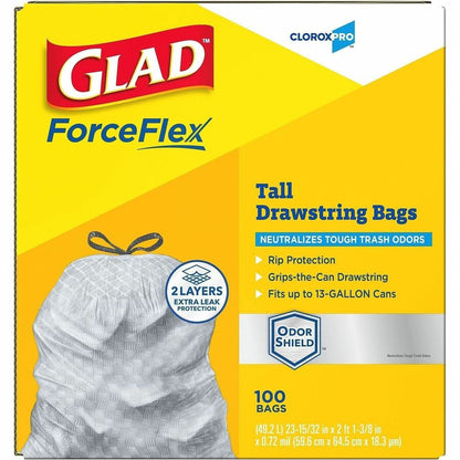CloroxPro™ Glad® ForceFlex Tall Kitchen Drawstring Trash Bags - 13 gal Capacity - 25.13" Length x 24" Width x 90 mil (22