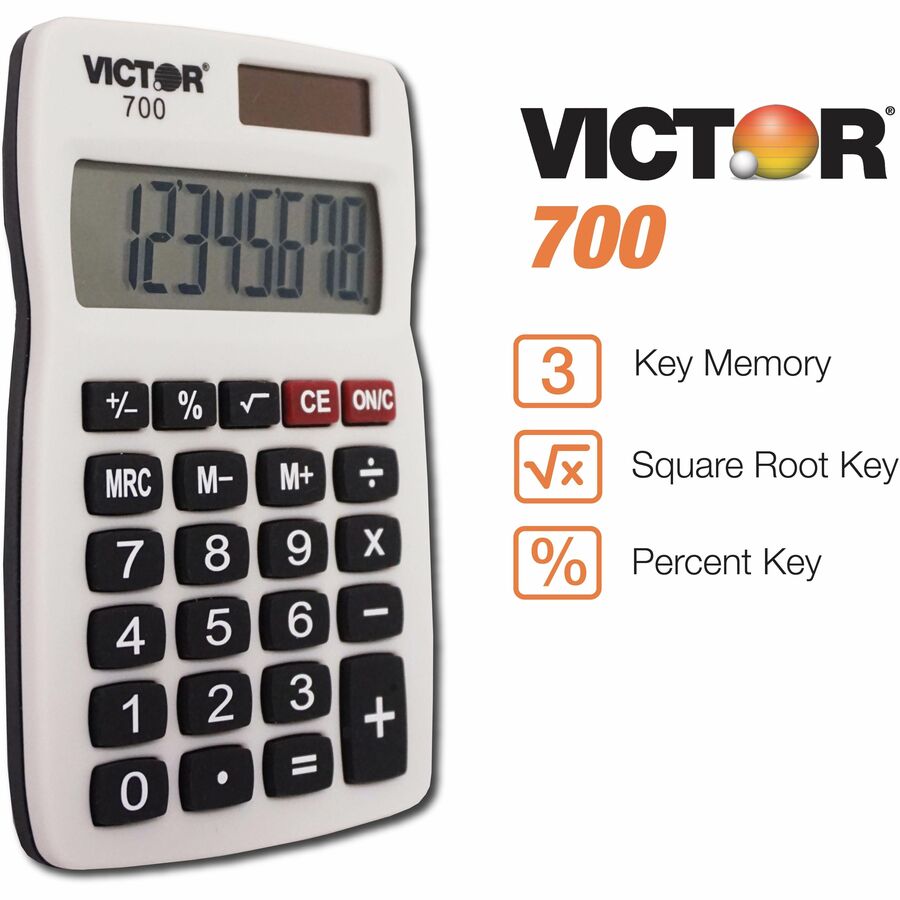 Victor 700 Pocket Calculator - 4 Functions - Large LCD, Easy-to-read Display, Rubber Keytop, Dual Power - 8 Digits - LCD