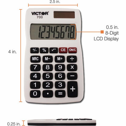 Victor 700 Pocket Calculator - 4 Functions - Large LCD, Easy-to-read Display, Rubber Keytop, Dual Power - 8 Digits - LCD