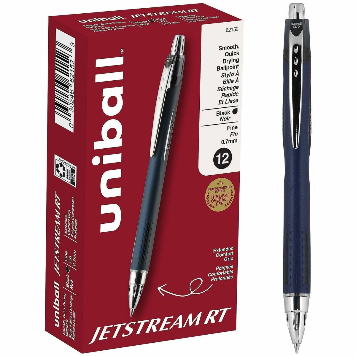 uniball™ Jetstream RT Ballpoint Pen - 0.7 mm Pen Point - Retractable - Black Ink - Blue Barrel - 12 / Dozen