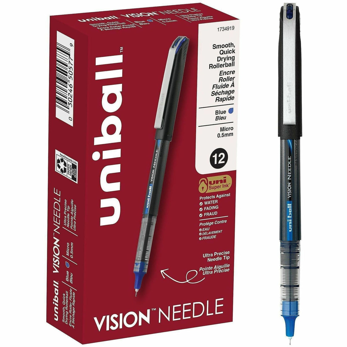uniball™ Vision Needle Rollerball Pens, Micro Point (0.5mm), Blue, 12 Pack