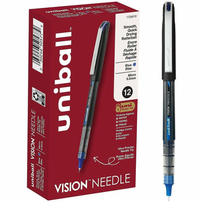 uniball™ Vision Needle Rollerball Pens, Micro Point (0.5mm), Blue, 12 Pack