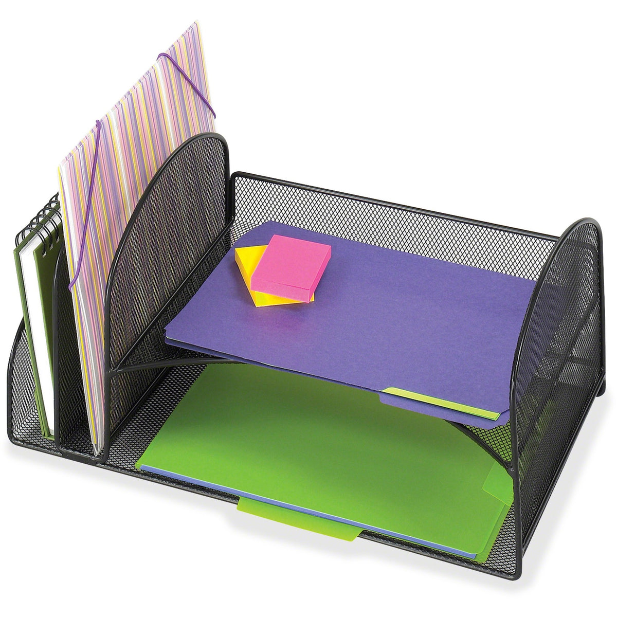 Safco Onyx 2 Upright/2 Tray Mesh Desk Organizer - 7.75" Height x 10.75" Width x 17" Depth - Desktop - Black - 1 Each