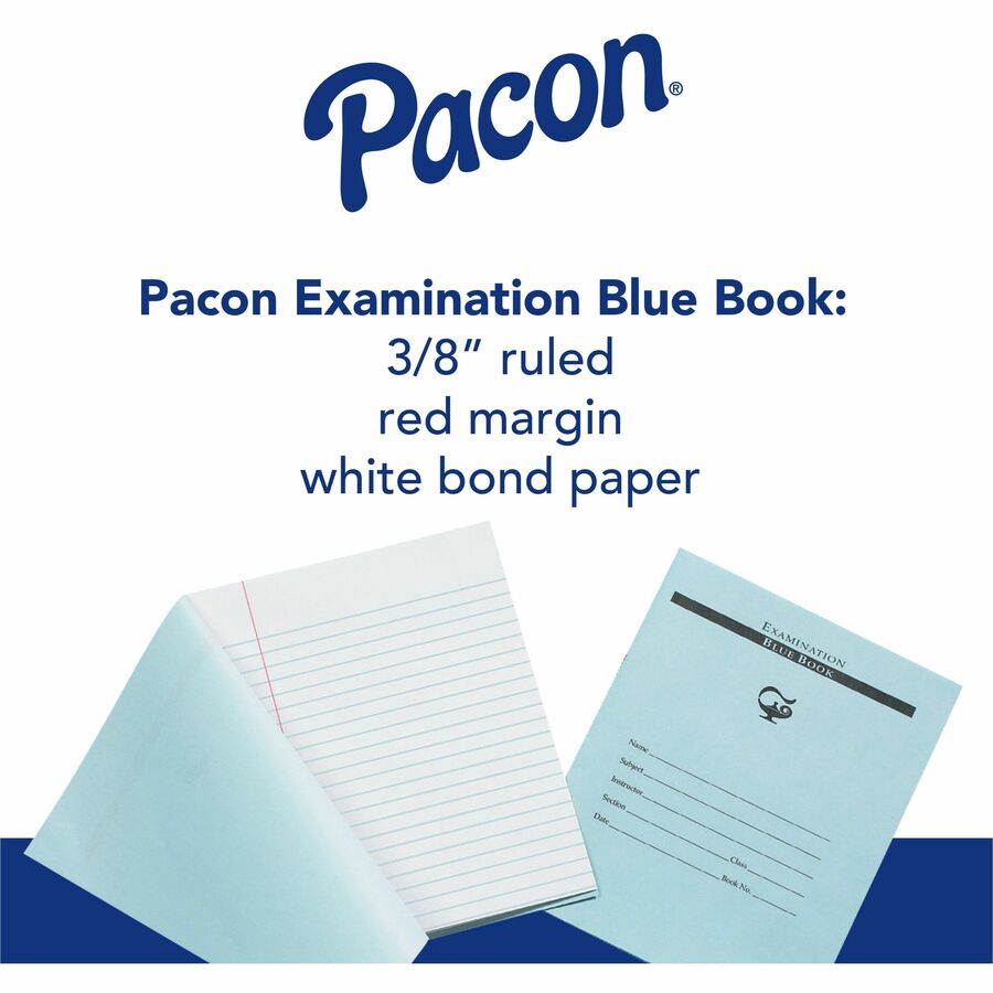 Pacon Blue Book Examination Book - 8 Sheets - 0.37" Ruled - Red Margin - 7" x 8 1/2" Sheet Size - White Paper - Blue Cov