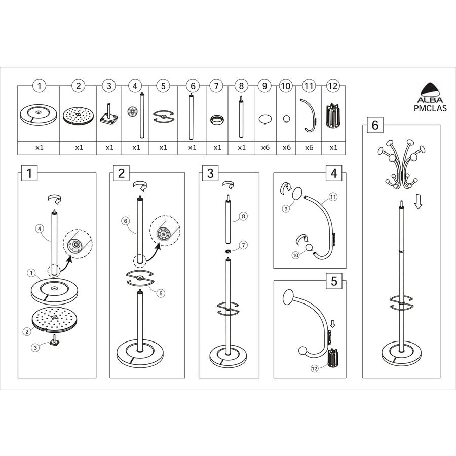 Alba Classic Coat Stand - 6 Hooks - 6 Pegs - 70.5" Height - for Garment, Clothes - Stainless Steel - 1 Each