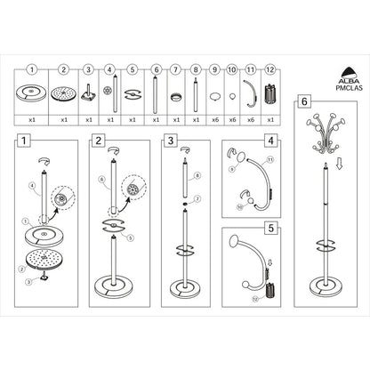 Alba Classic Coat Stand - 6 Hooks - 6 Pegs - 70.5" Height - for Garment, Clothes - Stainless Steel - 1 Each