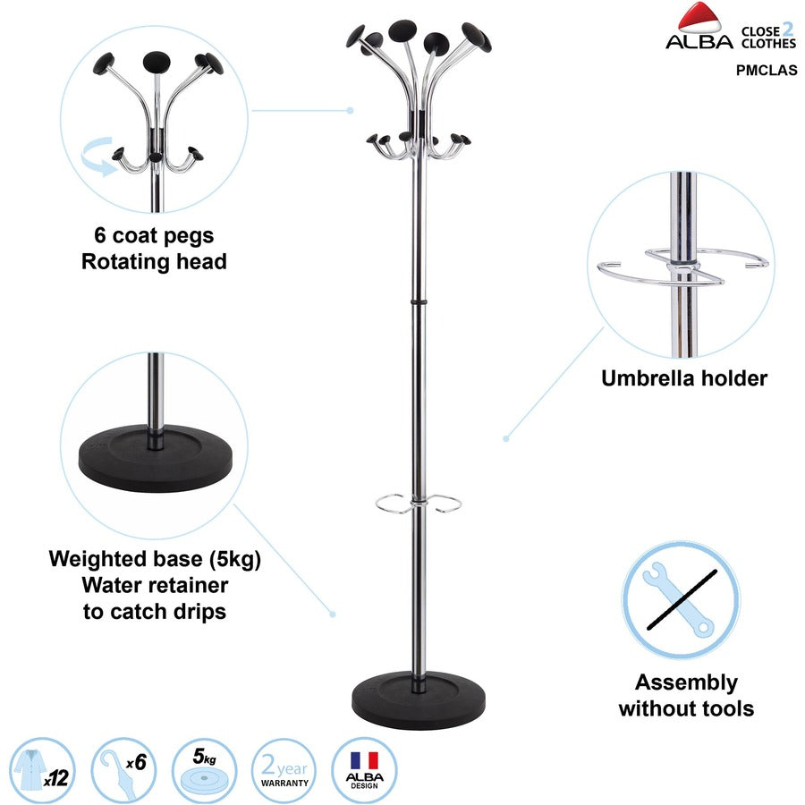 Alba Classic Coat Stand - 6 Hooks - 6 Pegs - 70.5" Height - for Garment, Clothes - Stainless Steel - 1 Each