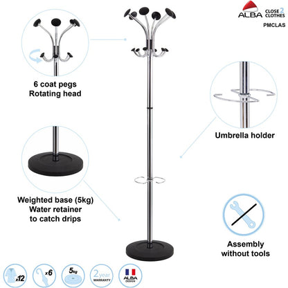 Alba Classic Coat Stand - 6 Hooks - 6 Pegs - 70.5" Height - for Garment, Clothes - Stainless Steel - 1 Each