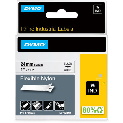 Dymo 1" Flexible Nylon Rhino Label Tape - 15/16" Width x 11 1/2 ft Length - Rectangle - Thermal Transfer - White - Nylon
