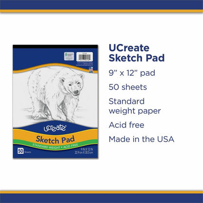UCreate Medium Weight Sketch Pads - 50 Sheets - 9" x 12" Sheet Size - White Paper - Acid-free, Mediumweight - Recycled -