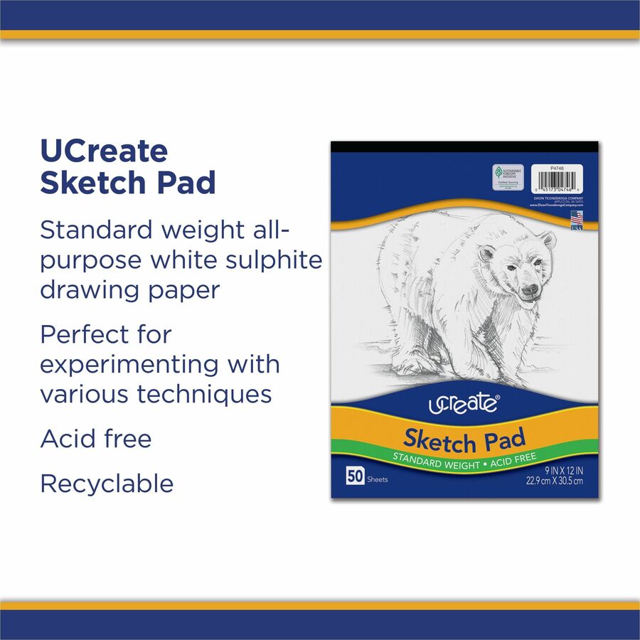 UCreate Medium Weight Sketch Pads - 50 Sheets - 9" x 12" Sheet Size - White Paper - Acid-free, Mediumweight - Recycled -