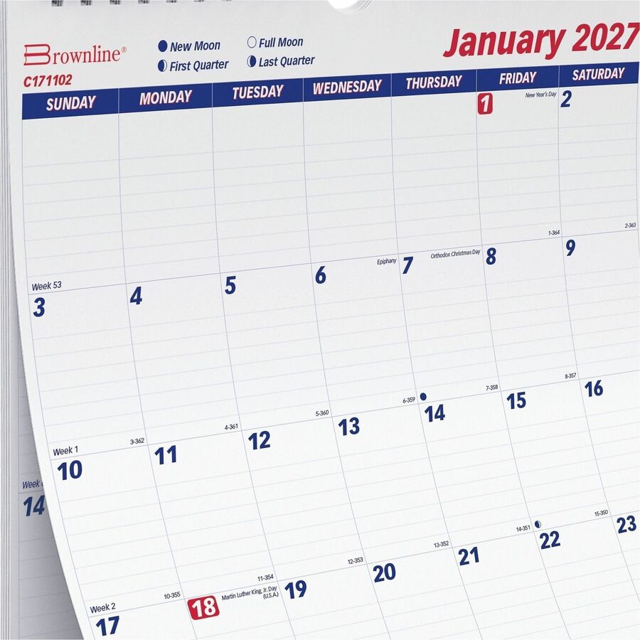 Brownline Ruled Block Monthly Wall Calendar - Julian Dates - Monthly - 1 Year - January 2027 to December 2027 - 1 Month 