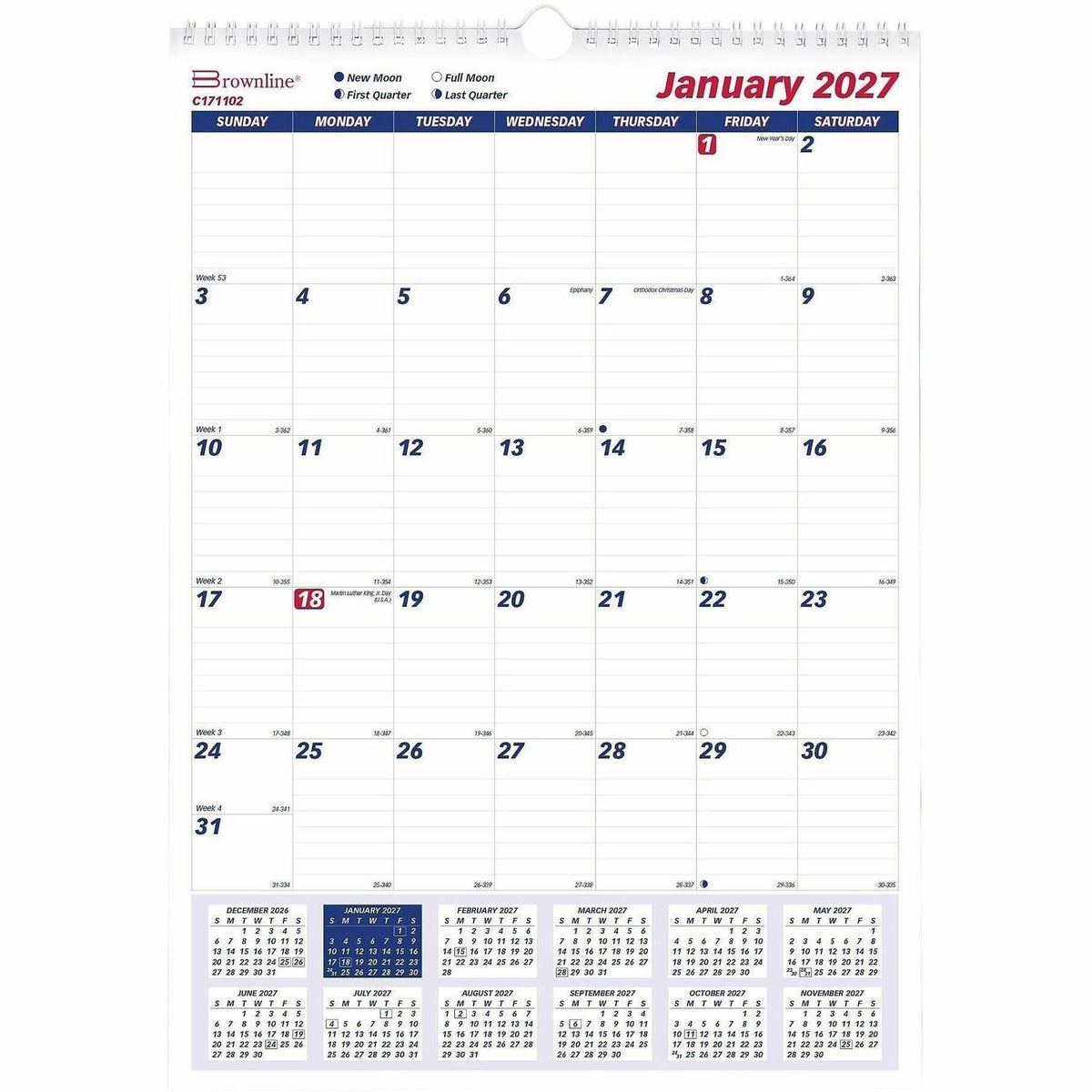 Brownline Ruled Block Monthly Wall Calendar - Julian Dates - Monthly - 1 Year - January 2027 to December 2027 - 1 Month 