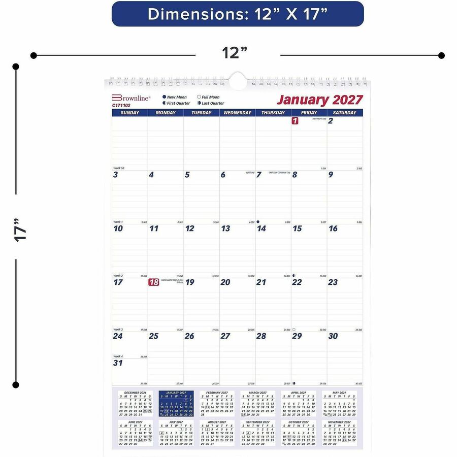 Brownline Ruled Block Monthly Wall Calendar - Julian Dates - Monthly - 1 Year - January 2027 to December 2027 - 1 Month 