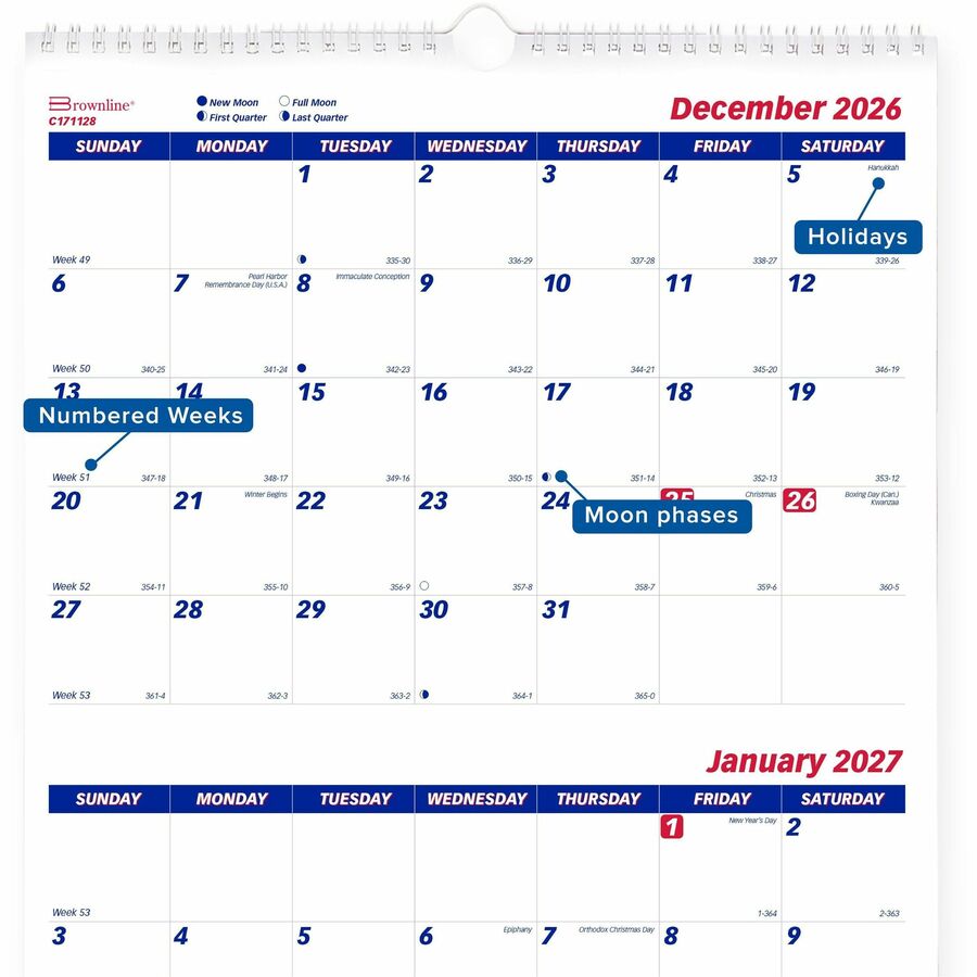 Brownline 14-Month Wall Calendar - Monthly - 14 Month - December 2026 to January 2028 - 3 Month Single Page Layout - 12 