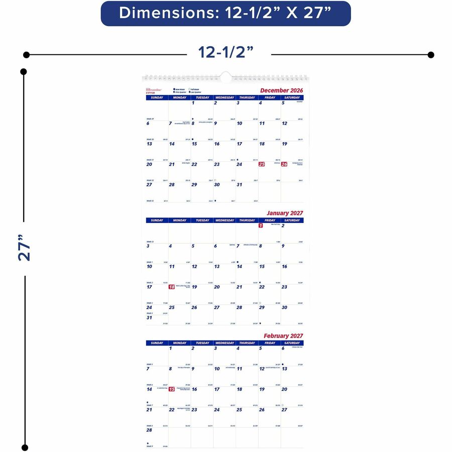 Brownline 14-Month Wall Calendar - Monthly - 14 Month - December 2026 to January 2028 - 3 Month Single Page Layout - 12 