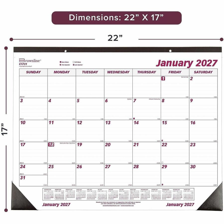 Brownline Professional Monthly Desk/Wall Calendar - Julian Dates - Monthly - 1 Year - January 2027 to December 2027 - 1 