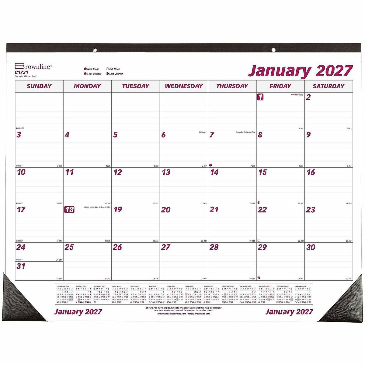 Brownline Professional Monthly Desk/Wall Calendar - Julian Dates - Monthly - 1 Year - January 2027 to December 2027 - 1 