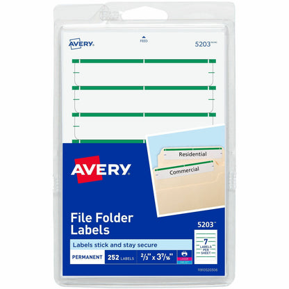 Avery® File Folder Labels, White/Green, 2/3" x 3-7/16" , 252 (5203) - 3 7/16" Height x 21/32" Width - Permanent Adhesive