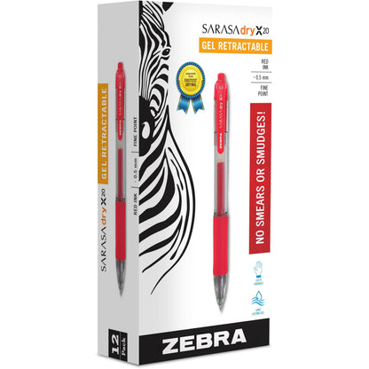 SARASA dry X20 Retractable Gel Pen - 0.5 mm Fine Pen Point - Retractable - Red Ink - Gel-based - Transparent, Red Barrel