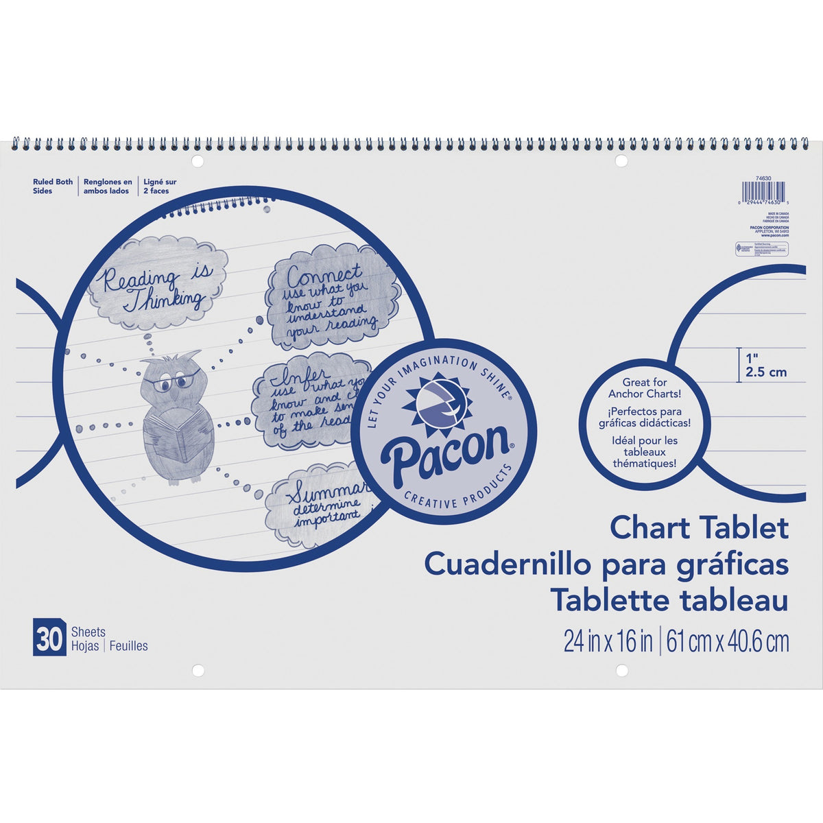 Pacon Ruled Chart Tablet - 30 Sheets - Spiral Bound - Ruled Front Ruling - 1" Ruled - 24" x 16" Sheet Size - White Paper