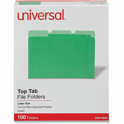 Universal 1/3 Tab Cut Letter Recycled Top Tab File Folder - 8 1/2" x 11" - Assorted Tab Position - 11 pt. - Stock - Gree