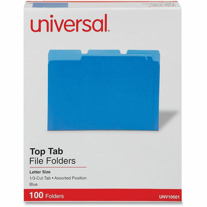 Universal 1/3 Tab Cut Letter Recycled Top Tab File Folder - 8 1/2" x 11" - Assorted Tab Position - 11 pt. - Stock - Blue