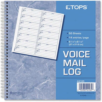 TOPS Voice Message Log Book - 50 Sheet(s) - 24 lb - Spiral Bound - 8.50" x 8.25" Sheet Size - White - Blue Print Color -