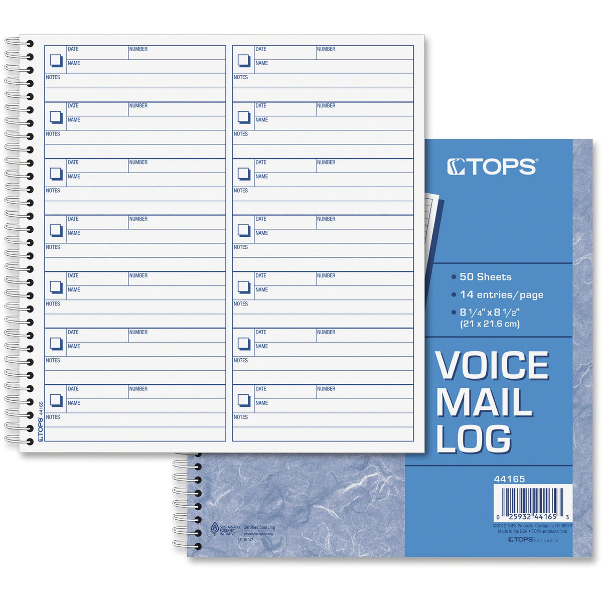 TOPS Voice Message Log Book - 50 Sheet(s) - 24 lb - Spiral Bound - 8.50" x 8.25" Sheet Size - White - Blue Print Color -