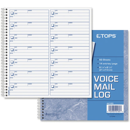 TOPS Voice Message Log Book - 50 Sheet(s) - 24 lb - Spiral Bound - 8.50" x 8.25" Sheet Size - White - Blue Print Color -
