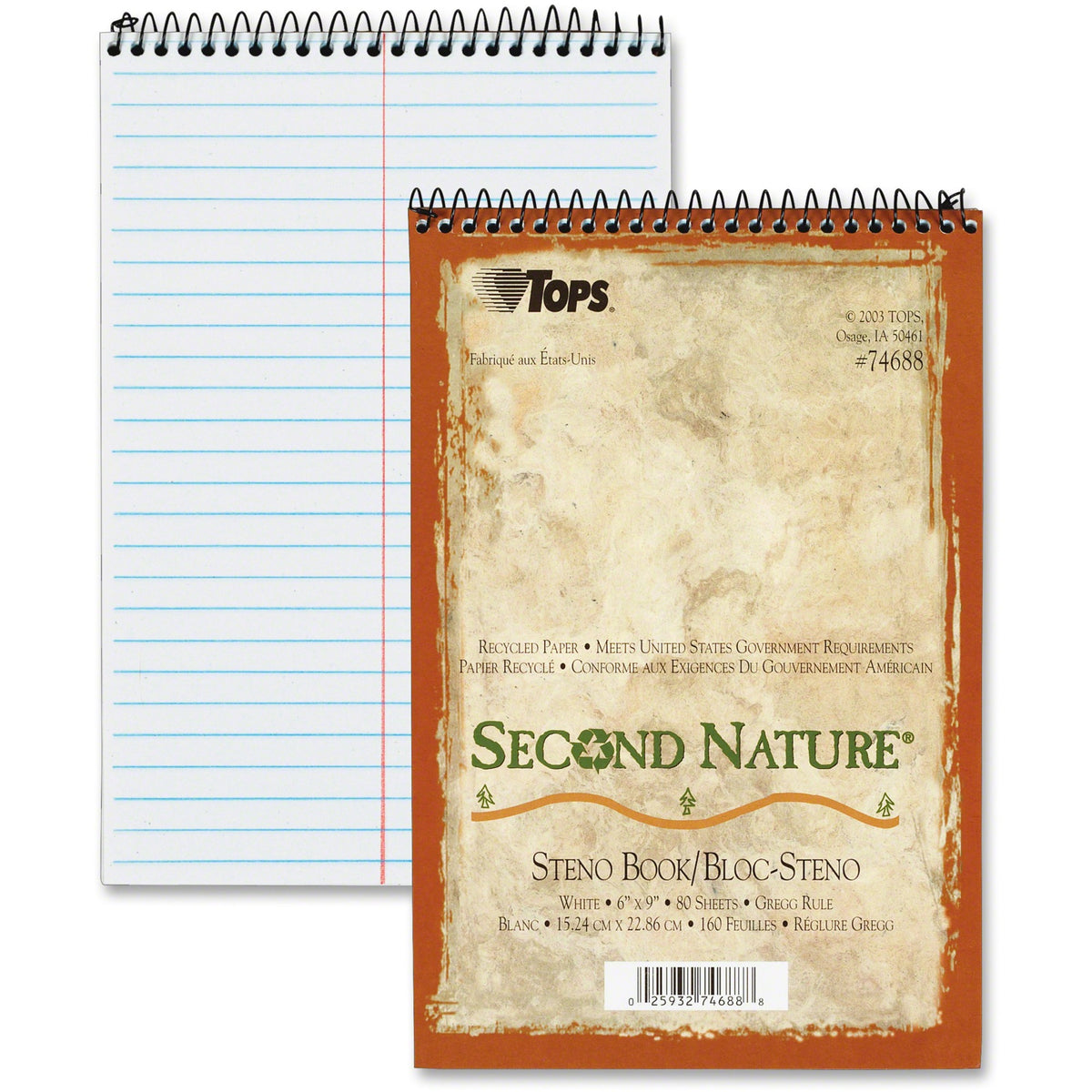 TOPS Second Nature Spiral Reporter/Steno Notebook - 80 Sheets - Wire Bound - 15 lb Basis Weight - 6" x 9" Sheet Size - 1