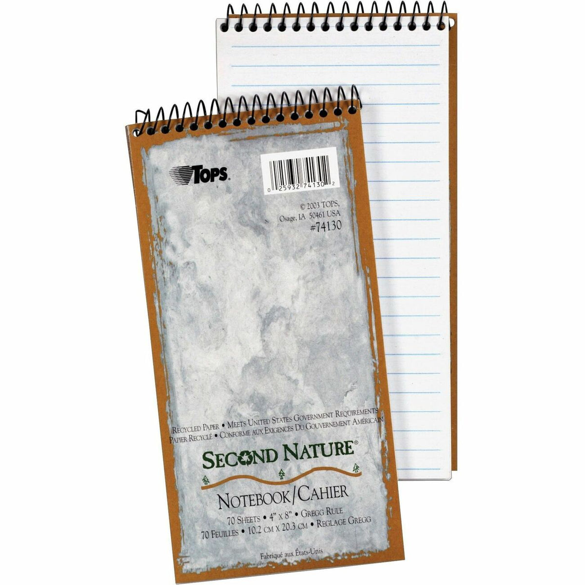 TOPS Second Nature 100% Recycled Steno Book - 70 Sheets - Coilock - Gregg Ruled Margin - 4" x 8" Sheet Size - White Pape