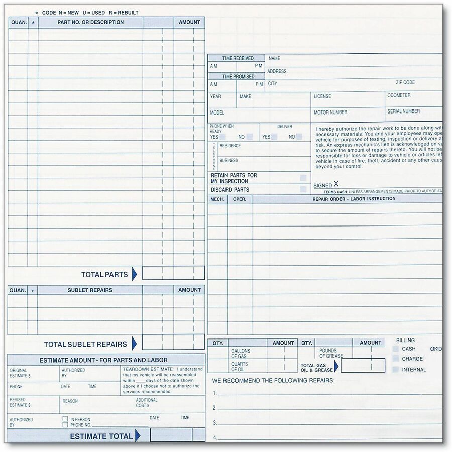 Rediform 4P489 Polypack Auto Repair Order Form - 4 Part - Carbonless Copy - 8.50" x 11" Form Size - White, Yellow, Pink 