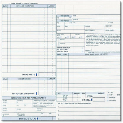 Rediform 4P489 Polypack Auto Repair Order Form - 4 Part - Carbonless Copy - 8.50" x 11" Form Size - White, Yellow, Pink 