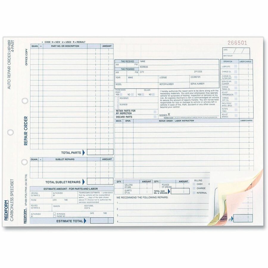 Rediform 4P489 Polypack Auto Repair Order Form - 4 Part - Carbonless Copy - 8.50" x 11" Form Size - White, Yellow, Pink 