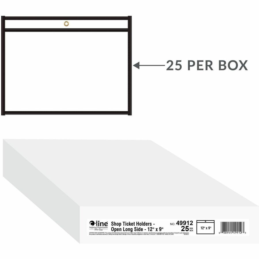 C-Line Side Load Stitched Shop Ticket Holders - Support 9" x 12" Media - Vinyl - Black, Clear - Sturdy, Reinforced, Heav