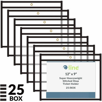 C-Line Side Load Stitched Shop Ticket Holders - Support 9" x 12" Media - Vinyl - Black, Clear - Sturdy, Reinforced, Heav