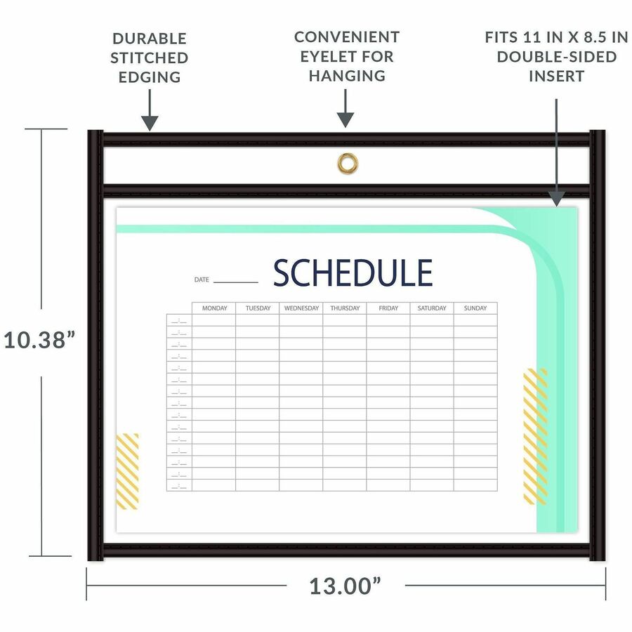 C-Line Side Load Stitched Shop Ticket Holders - Support 8.50" x 11" Media - Vinyl - Black, Clear - Sturdy - 1 Box