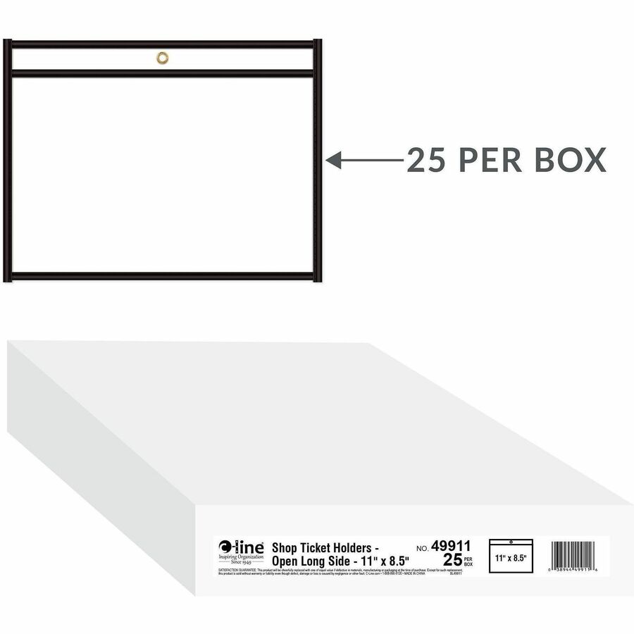 C-Line Side Load Stitched Shop Ticket Holders - Support 8.50" x 11" Media - Vinyl - Black, Clear - Sturdy - 1 Box