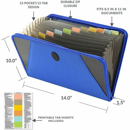 C-Line Letter Expanding File - 8 1/2" x 11" - 300 Sheets Capacity - 13 Pocket - Blue - Zipper Closure - 1 Each